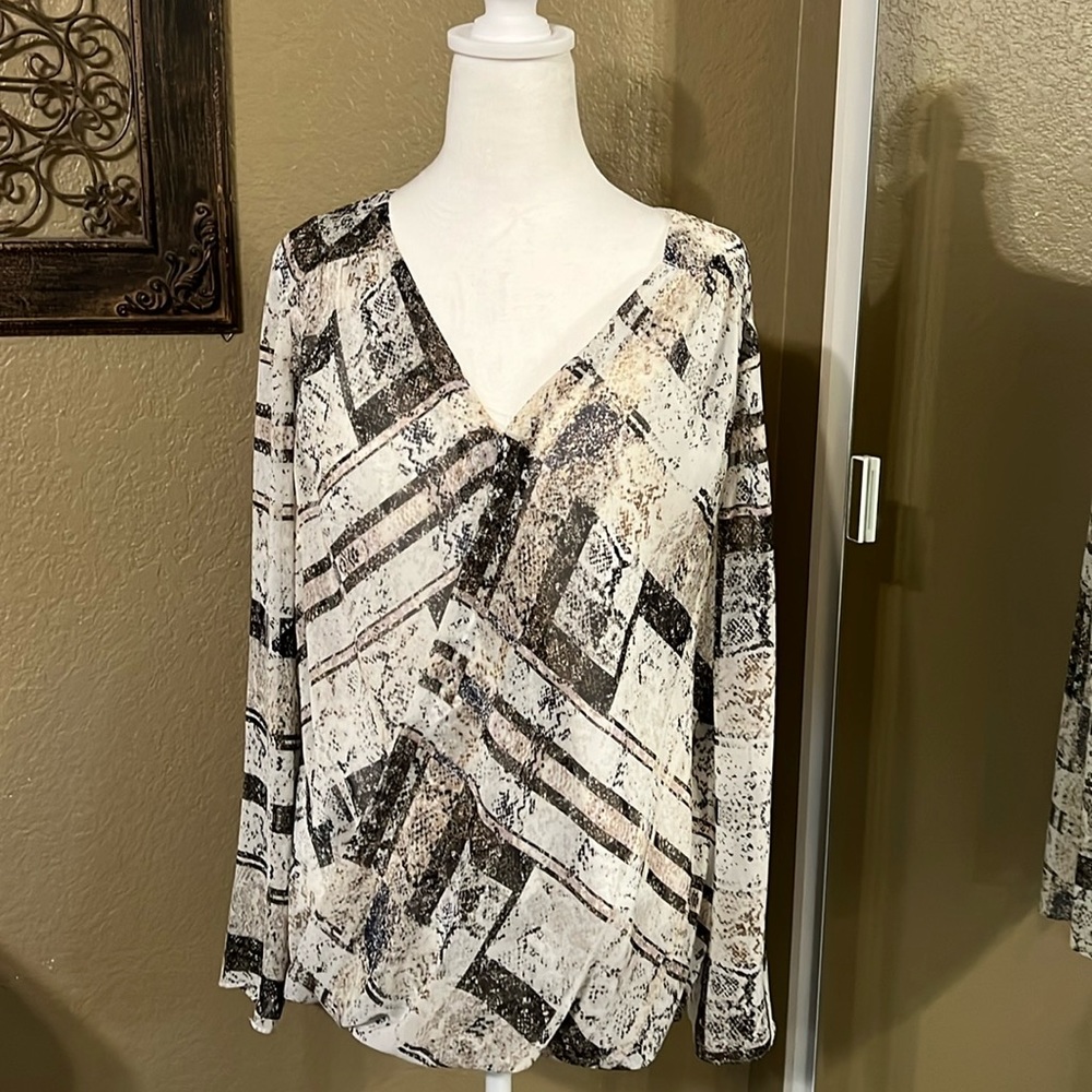 DKNYC Women’s Top Blouse Sheer Detachable Lining Brown & Black Design Size Large